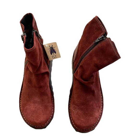 Fly London Womens Mong  Ankle Boots size 37 Red Side Zip Suede NEW - Picture 3 of 8